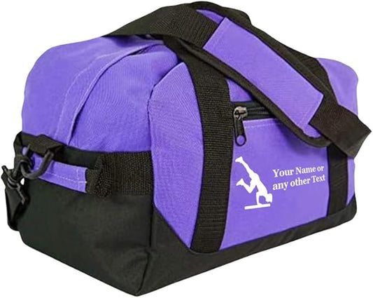 Personalized Passion 14” Small Sports Duffel Bags for Kids - Waterproof Travel Duffle with Name & Gymnastics Design - Purple Two-Toned Kids Weekender Bag for Boys and Girls