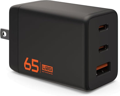 URBAN ARMOR GEAR UAG SRG 65W GaN 3-Port Wall Charger - USB USB-C Multiport Foldable Compact Travel PD 3.0 Quick Charging Power Adapter for Smartphone & Tablet, Black