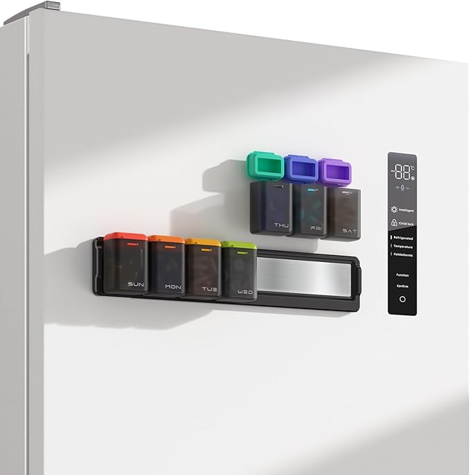 Weekly Pill Organizer Magnetic, Removable Pill Box 7 Day 1 Time a Day, Large Travel Pill Case, Week Once Daily Medication Dispenser, Medicine Container Holder for Supplement, Vitamin, Black