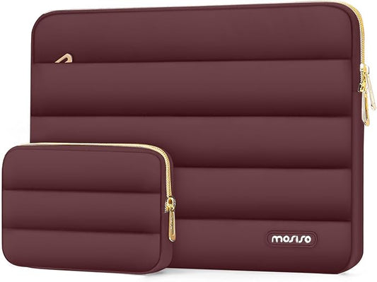 MOSISO 15-15.6 inch Laptop Case, 16 inch Puffy Laptop Sleeve Compatible with MacBook Pro 16, HP Dell ASUS Acer Toshiba Lenovo Notebook Computer, Polyester Horizontal Bag with Small Case, Wine Red
