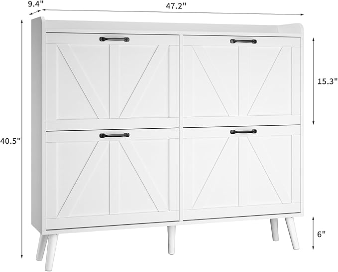 Shoe Cabinet with 4 Flip Drawers, Large Hidden Shoe Storage Cabinet Slim, Freestanding Farmhouse Shoe Organizer Cabinet for Entryway, Narrow Shoe Cabinet with Wooden Legs, White