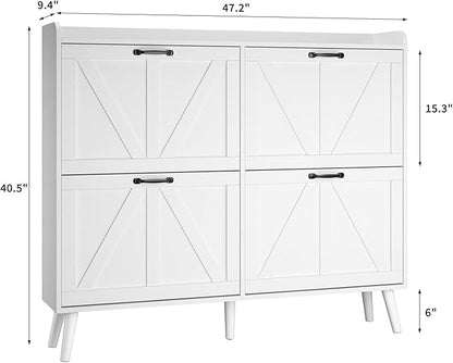 Shoe Cabinet with 4 Flip Drawers, Large Hidden Shoe Storage Cabinet Slim, Freestanding Farmhouse Shoe Organizer Cabinet for Entryway, Narrow Shoe Cabinet with Wooden Legs, White