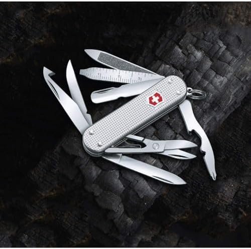 Victorinox Mini Champ Alox Swiss Army Knife, Compact, 15 Functions, Swiss Made Pocket Knife with Orange Peeler, Cuticle Pusher and Blade - Silver
