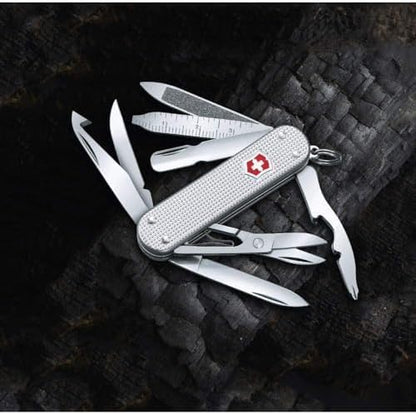 Victorinox Mini Champ Alox Swiss Army Knife, Compact, 15 Functions, Swiss Made Pocket Knife with Orange Peeler, Cuticle Pusher and Blade - Silver