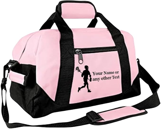 Personalized Passion 14” Small Sports Duffel Bags for Kids - Waterproof Travel Duffle with Name & Lacrosse Design - Pink Two-Toned Kids Weekender Bag for Boys and Girls