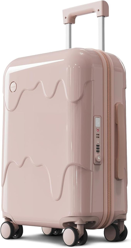 ROAMING 20-Inch Pink Carry On Luggage Airline Approved Lightweight PC Hardside Rolling Suitcase with TSA Lock Cup Holder USB Charging Port and Spinner Wheels for Women Ice cream suitcase