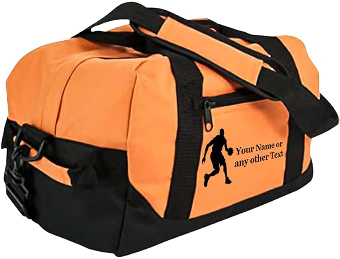 Personalized Passion 14” Small Sports Duffel Bags for Kids - Waterproof Travel Duffle with Name & Basketball Design - Orange Two-Toned Kids Weekender Bag for Boys and Girls