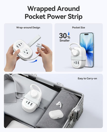 ORICO Travel Power Strip, 3.7FT Small Extension Cord, Portable Power Strip Flat Plug with 2 AC Outlets 3 USB Ports (1 USB C), Multi Plug Extension Cord for Travel, Cruise, Office, Hotels