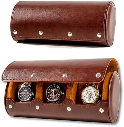 MR.OKAY 3 Watch Travel Case- Classic Leather Watch Case With Superb Texture.Portable Watch Roll Or Organizer For Storage And Display. Men's Great Gift For Traveling, 100% Handmade by Artisans.