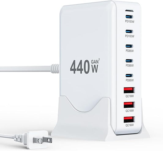 USB C Charger Block 440W Charging Station Hub,8 Port GaN III Fast Charging Brick with 5ft Extension Cord,PD QC PPS 100W Laptop Power Adapter for MacBook Pro/Air,iPhone 17/16/15,Samsung Galaxy,Dell etc