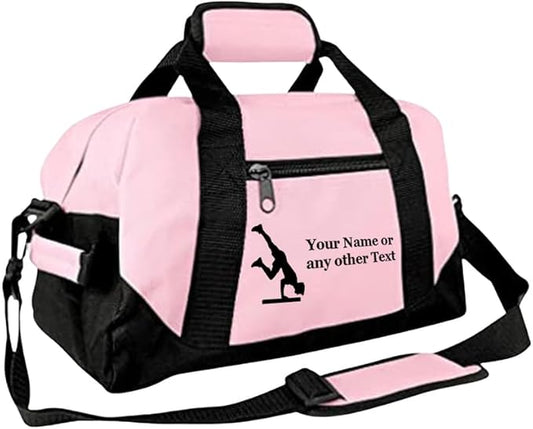 Personalized Passion 14” Small Sports Duffel Bags for Kids - Waterproof Travel Duffle with Name & Gymnastics Design - Pink Two-Toned Kids Weekender Bag for Boys and Girls