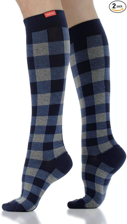 VIM & VIGR Cotton 15-20 mmHg Graduated Compression Socks (Heathered Navy Montana Plaid, Small/Medium Wide Calf (4))