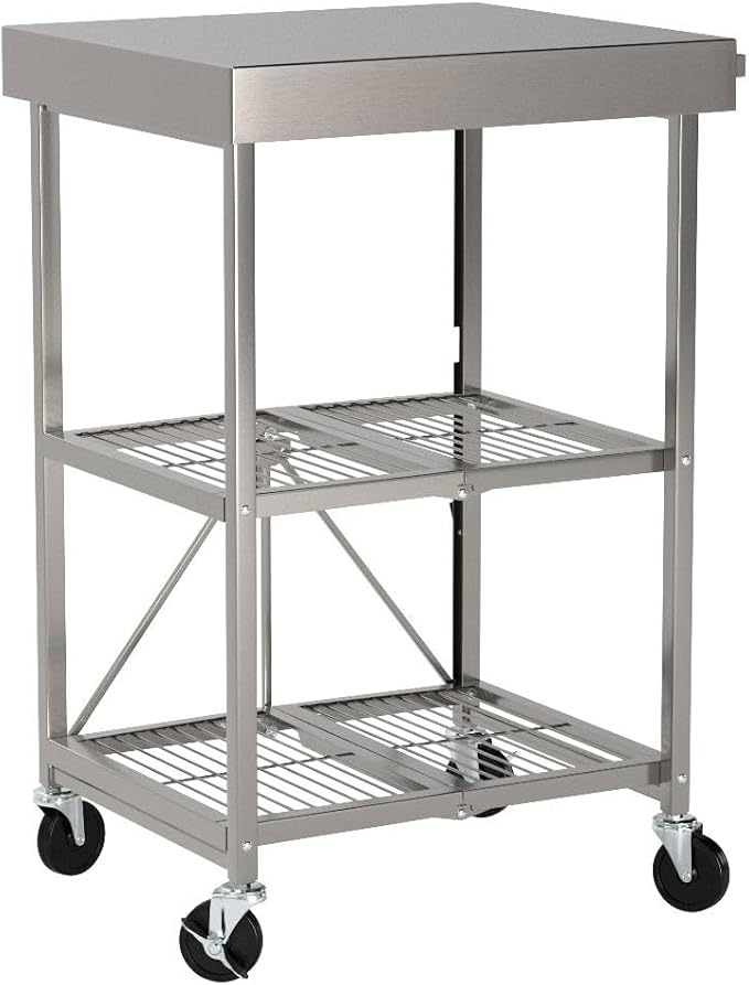 Origami RBT Foldable Kitchen Island Cart, Storage Table Organizer with Wheels, Silver
