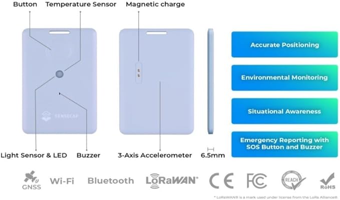 seeed studio T1000-A GPS Tracker with Temp, Light, Motion Sensor, LoRaWAN, Bluetooth and Wi-fi Transmission, Bluetooth, Wi-fi, Panic Button and Buzzer, GNSS, 6.5mm Card Size, IP65 Waterproofing