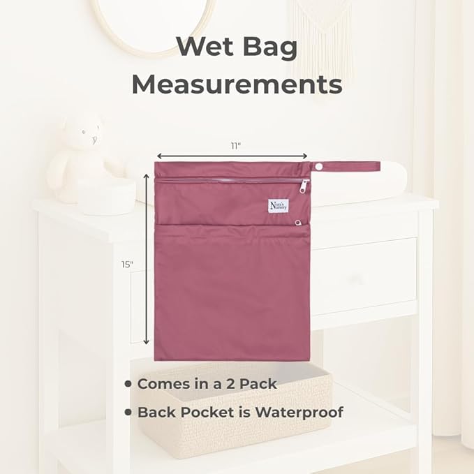 Nora's Nursery Wet Dry Bags with Two Zippered Pockets - Reusable and Washable for Swimming, Travel, Beach, Pool, Daycare, Cloth Diapers, Toiletries, and Wet Swimsuits - 11x15, Rose - 2-Pack