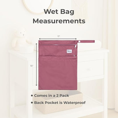 Nora's Nursery Wet Dry Bags with Two Zippered Pockets - Reusable and Washable for Swimming, Travel, Beach, Pool, Daycare, Cloth Diapers, Toiletries, and Wet Swimsuits - 11x15, Rose - 2-Pack