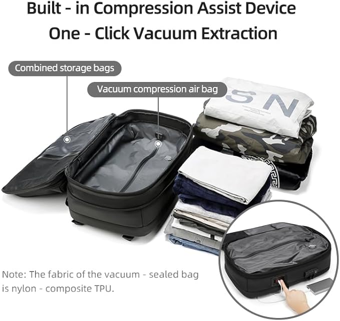 Fiordpack Vacuum Backpack Travel (Built-in Pump, 60L), TSA Lock, Expandable Vacuum Seal Compression Travel Backpack for 17" Laptop, Airline Approved