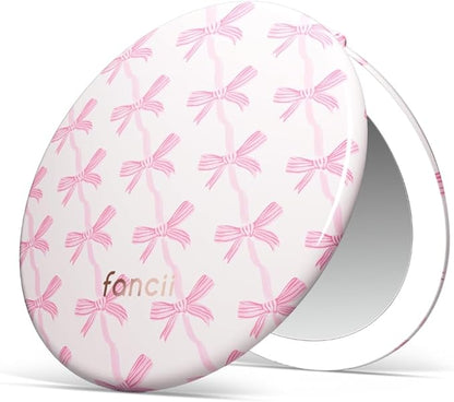 Fancii Taylor LED Lighted Travel Makeup Mirror, Rechargeable, 10x /1x Magnifying, Tru-Glow Lighting System, XL Large 5” Wide | Compact Mirror for Purses (Rosette Ribbon)