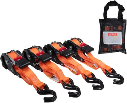 8 Pack Orange Auto Retract NO-RATCHETING Ratchet Straps | 1" x 12' Retractable Ratchet Straps with Zinc Coated S Hook Tiedowns for Motorcycles, ATVs, Bikes, Trailer Tie-Down