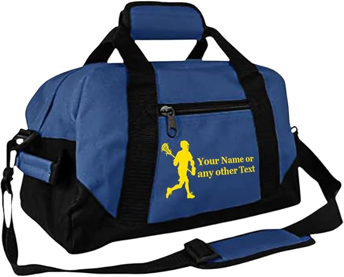 Personalized Passion 14” Small Sports Duffel Bags for Kids - Waterproof Travel Duffle with Name & Lacrosse Design - Navy Blue Two-Toned Kids Weekender Bag for Boys and Girls