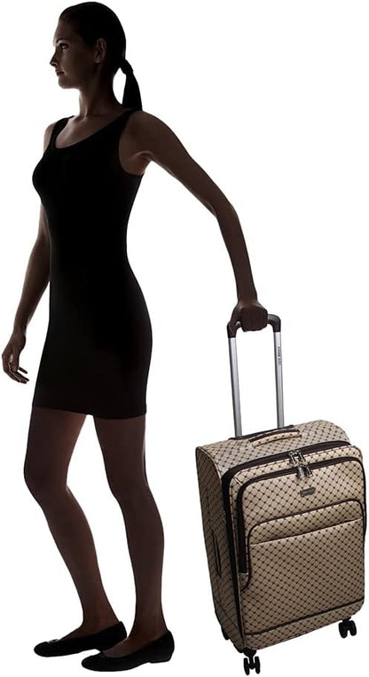 Steve Madden Designer Luggage Collection - Lightweight 24 Inch Expandable Softside Suitcase - Mid-size Rolling 4-Spinner Wheels Checked Bag (Noble Brown/Tan, 24in)