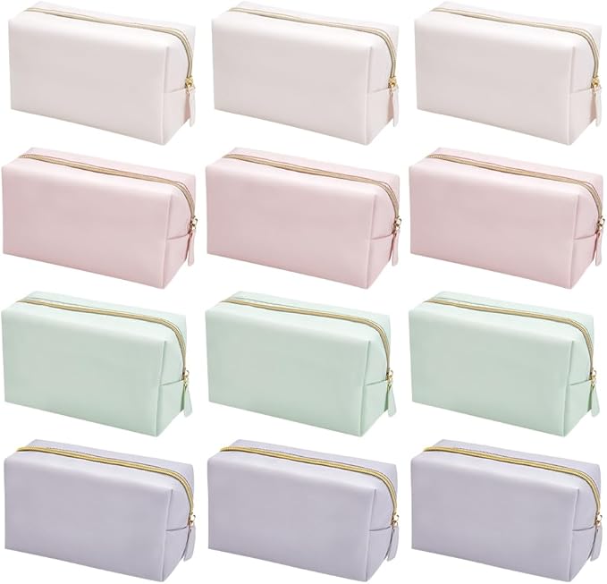 12Pcs PU Leather Cosmetic Pouch, Zipper Cosmetic Storage Bags Waterproof Small Makeup Bag Bulk Portable Toiletry Purse for Women Party Gift Travel Storage Organizer(Macaron Color)