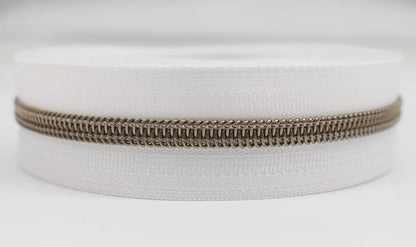 YaHoGa #5 Antique Brass Metallic Nylon Coil Zippers by The Yard Bulk White Tape 10 Yards with 20pcs Sliders for DIY Sewing Tailor Craft Bag (Anti-Brass White)