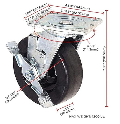 Heavy Duty Casters - Industrial Casters Phenolic Caster with Strong Load-Bearing Capacity 3000-6000 LB,Used in Furniture,WorkBrench,Tool Box, Equipment (6" Rigid+Brake, pcs, 4)