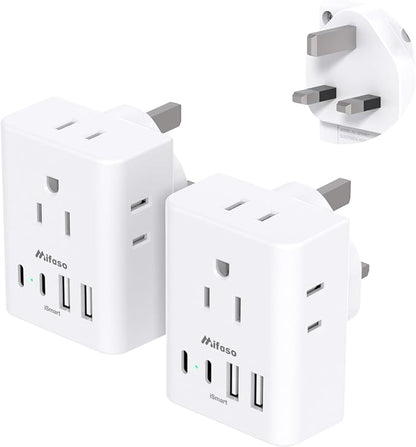 2 Pack US to UK Ireland Travel Plug Adapter, Type G Plug Adapter with 4 Outlets 4 USB Ports (2 USB C), UK Power Adapter for USA to London England Scotland British Kenya Qatar Hongkong
