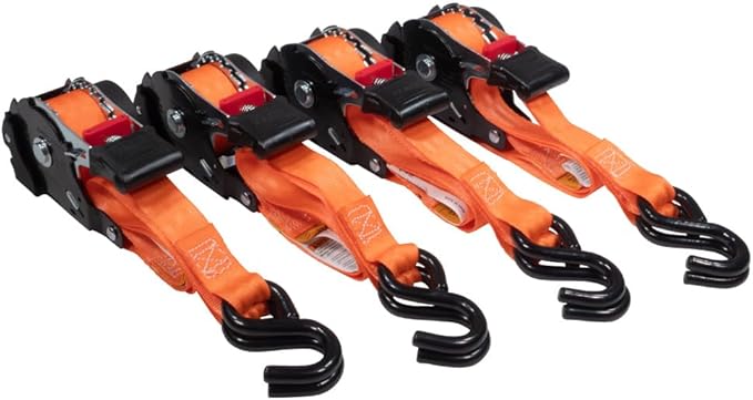 8 Pack Orange Auto Retract NO-RATCHETING Ratchet Straps | 1" x 12' Retractable Ratchet Straps with Zinc Coated S Hook Tiedowns for Motorcycles, ATVs, Bikes, Trailer Tie-Down
