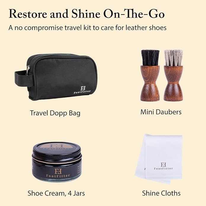 FootFitter Premium Shoe Cream Polish Kit, Creams, Shine Cloths, Applicators & Travel Bag for Leather Shoe Care & Touch-Ups