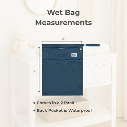 Nora's Nursery Wet Dry Bags with Two Zippered Pockets - Reusable and Washable for Swimming, Travel, Beach, Pool, Daycare, Cloth Diapers, Toiletries, and Wet Swimsuits - 11x15, Sea - 2-Pack