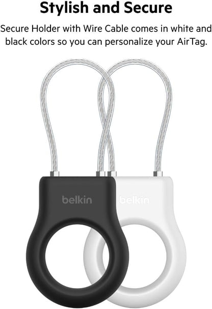 Belkin Apple AirTag Secure Holder With Wire Cable - AirTag Holder - Lock & Protect Air Tags In Durable Scratch Resistant Case - Protective AirTag Keychain Accessory For Keys, Luggage & More – White