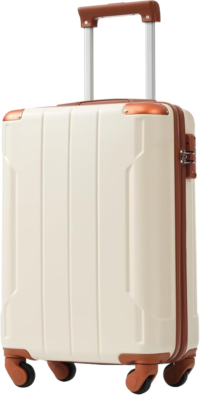 20in Carry On Luggage Hardshell Suitcase with Spinner Wheels Lightweight Lugagge Design Waterproof Durable for Travel, White Luggage (White + Brown)