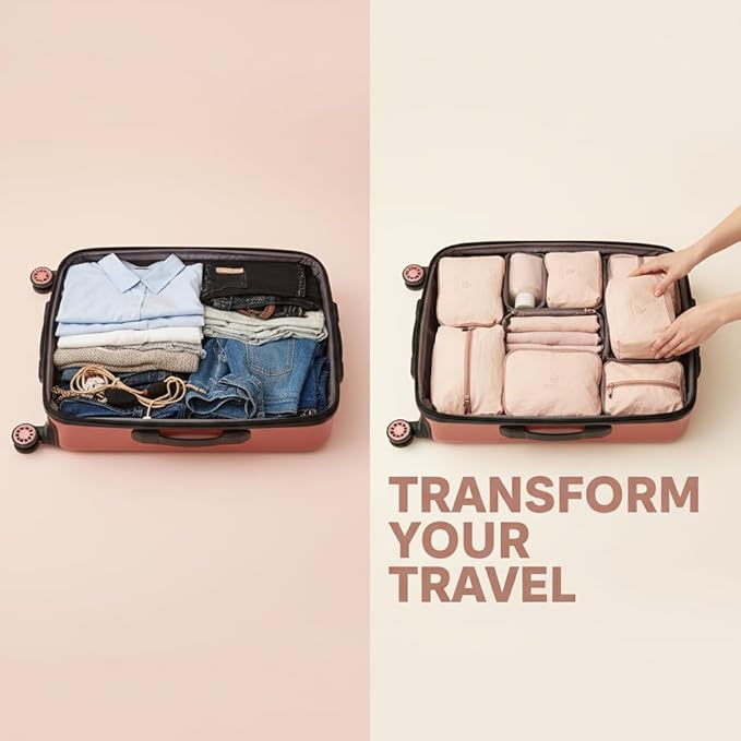 5-Piece Travel Packing Cubes Set for Luggage - Waterproof Organizer Bags for Clothes Shoes & Toiletries - Lightweight & Durable Suitcase Storage System (Pink)