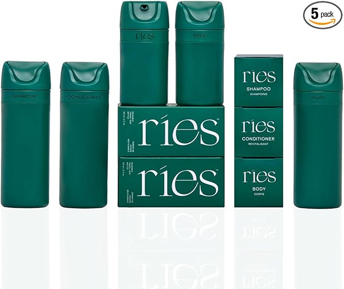 RIES Essential Refillable Toiletry Travel Bottles – Set of 5 (3.4oz & 1.7oz) Airless Pump Containers for Shampoo, Conditioner, Body, Face – Leak-Proof, TSA-Approved, Dishwasher Safe- Escapade Green