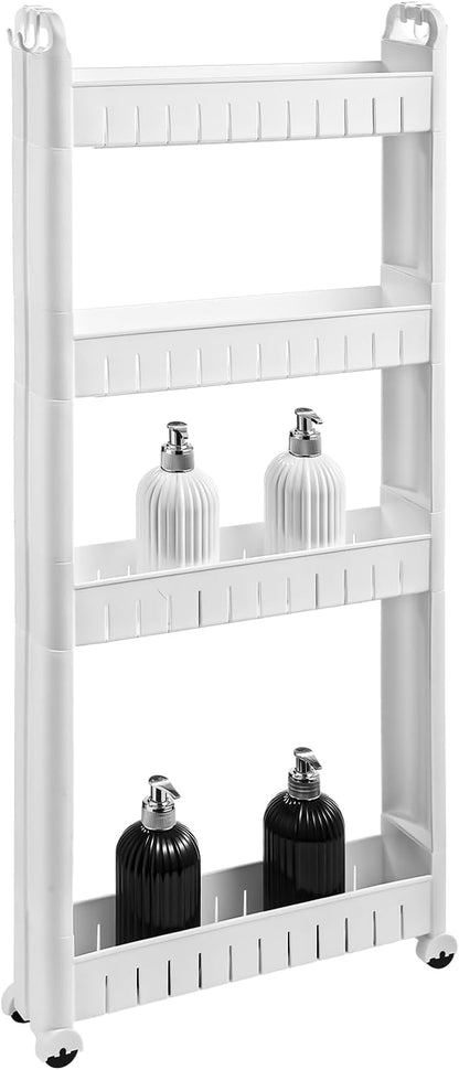 4 Tiers Slim Rolling Storage Cart, 3.5 in Slim Slide Out Bathroom Organizer Cart, Tiered Storage Rack with Wheels, Narrow Mobile Utility Cart for Laundry Room, Kitchen, Office, Sturdy Room