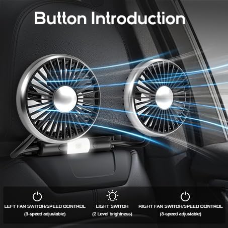 Dealswin Car Fan for Backseat Kids, 2025 Upgraded Dual-Head Car Seat Fans with LED Lights, 3-Speed and 360° Rotatable USB Powered for SUV, RV, Truck, Vehicles