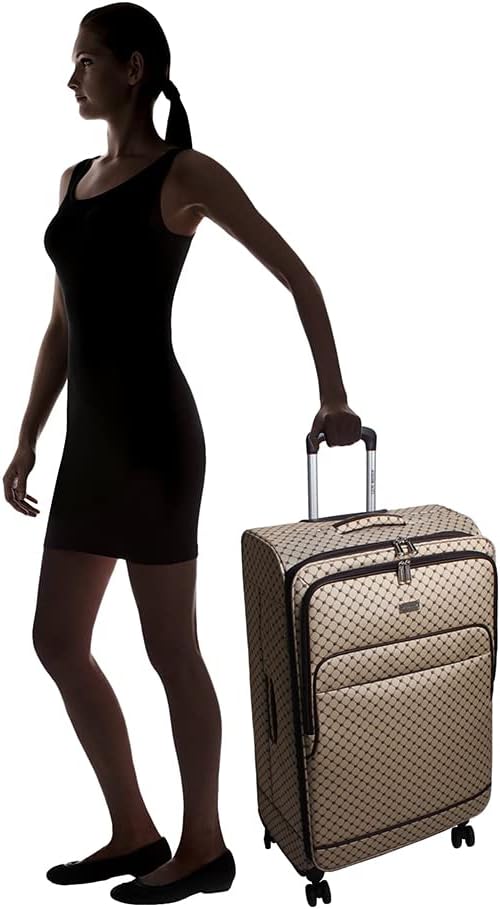 Steve Madden Designer Luggage - Checked Large 28 Inch Softside Suitcase - Expandable for Extra Packing Capacity - Lightweight Bag with Rolling Spinner Wheels (Noble Brown/Tan, 28in)
