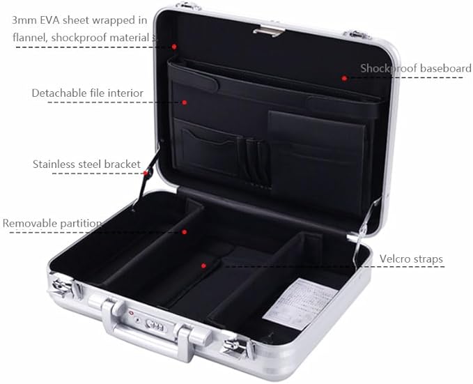 Large Aluminium Briefcase 18.1X13.8X6.1 Inch Combination TSA Lock Metal Attache Toolbox Cash Case 15.6 Inch Notebook Brief Case Toolkit with Foam Silver