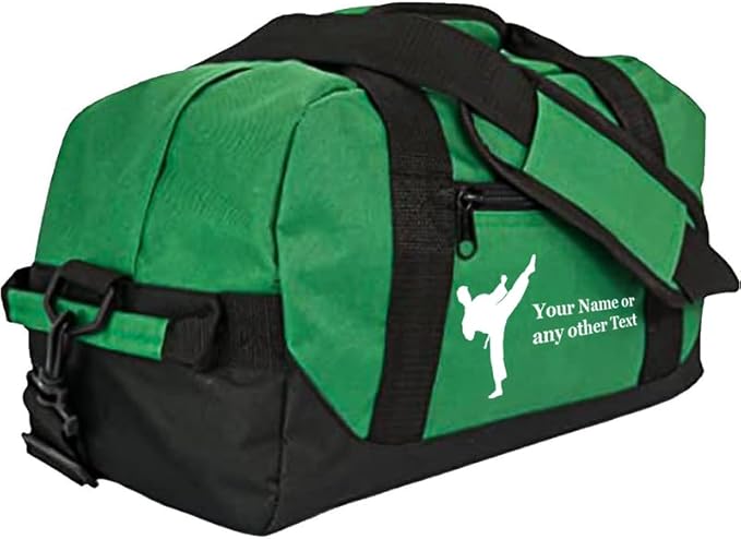 Personalized Passion 14” Small Sports Duffel Bags for Kids - Waterproof Travel Duffle with Name & Martial Arts Design - Dark Green Two-Toned Kids Weekender Bag for Boys and Girls