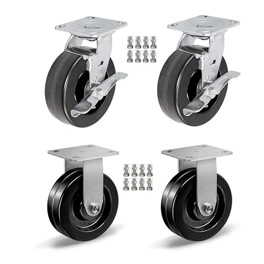 Heavy Duty Casters - Industrial Casters Phenolic Caster with Strong Load-Bearing Capacity 3000-6000 LB,Used in Furniture,WorkBrench,Tool Box, Equipment (6" Rigid+Brake, pcs, 4)