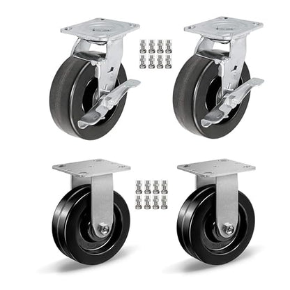 Heavy Duty Casters - Industrial Casters Phenolic Caster with Strong Load-Bearing Capacity 3000-6000 LB,Used in Furniture,WorkBrench,Tool Box, Equipment (6" Rigid+Brake, pcs, 4)