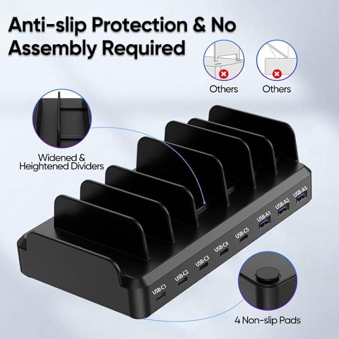 300W Charging Station for Multiple Devices, 8 Port Multi USB C Fast Charger Station Dock for MacBook iPhone 17/16/15/14/13/12 Samsung Pixel Series iPad, Black (6 Mixed Short Cables Included)