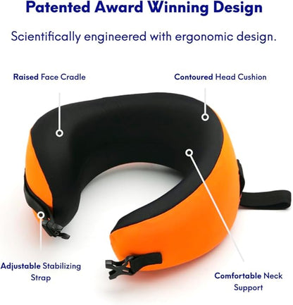 C CUSHION LAB Travel Pillow, Award-Winning Patented Ergonomic Design for Chin & Neck Support Memory Foam Neck Pillow, Compact Airplane Pillow for Traveling, Flight, Car (Dynamic Orange, Medium)