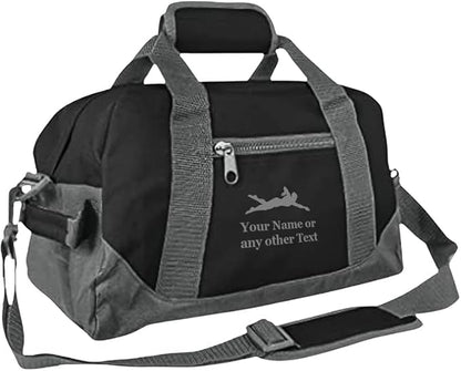 Personalized Passion 14” Small Sports Duffel Bags for Kids - Waterproof Travel Duffle with Name & Swimming Design - Black/Gray Two-Toned Kids Weekender Bag for Boys and Girls