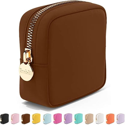 Embla Makeup Bag Travel Cosmetics Pouch and Toiletry Bag, Nylon Zipper Pouch Purse, Cute Make Up Organizer Storage Tote for Women Girls, Waterproof Travel Skincare Case, Small Makeup Bags, Chocolate