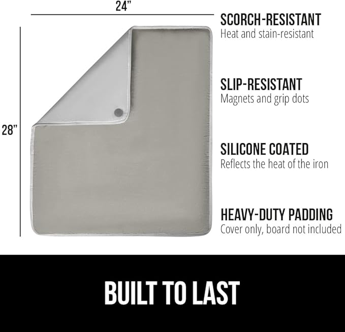 GORILLA GRIP Ironing Mat, Portable Iron Pad, Magnetic Cover for Top of Laundry Washer, Dryer, Table Top, Countertop Blanket, Silicone Coating and Scorch Resistant, Travel Size 28x24, Silver
