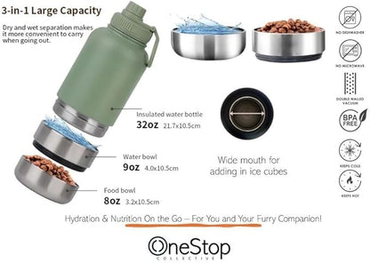OSC Insulated Water Bottle with Detachable Travel Bowls for Pets & Humans - Leak-Proof 32oz Water Bottle for Dog Walking, Hiking, Camping, Gym & Outdoor Adventures (Vanilla, 32oz)