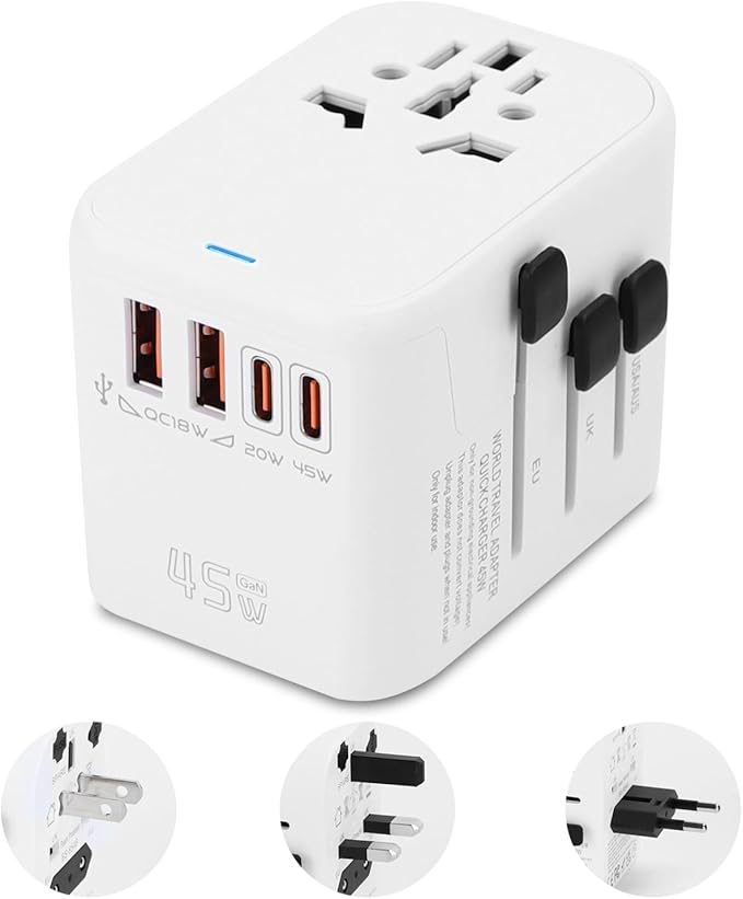 Aigostar 5-in-1 Universal Travel Adapter, GaN 45W Fast Charge International Plug Adapter with 2 Type-C & 2 USB-A Ports, Worldwide Power Adaptor Wall Charger for EU US UK AUS CHN JP Travel Business